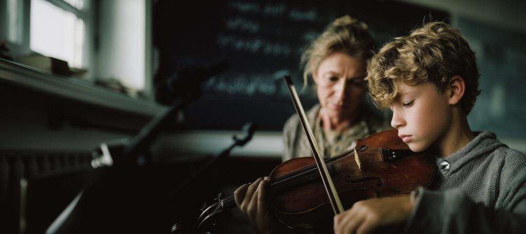 An older woman instructs a young male student in proper technique for playing the violin